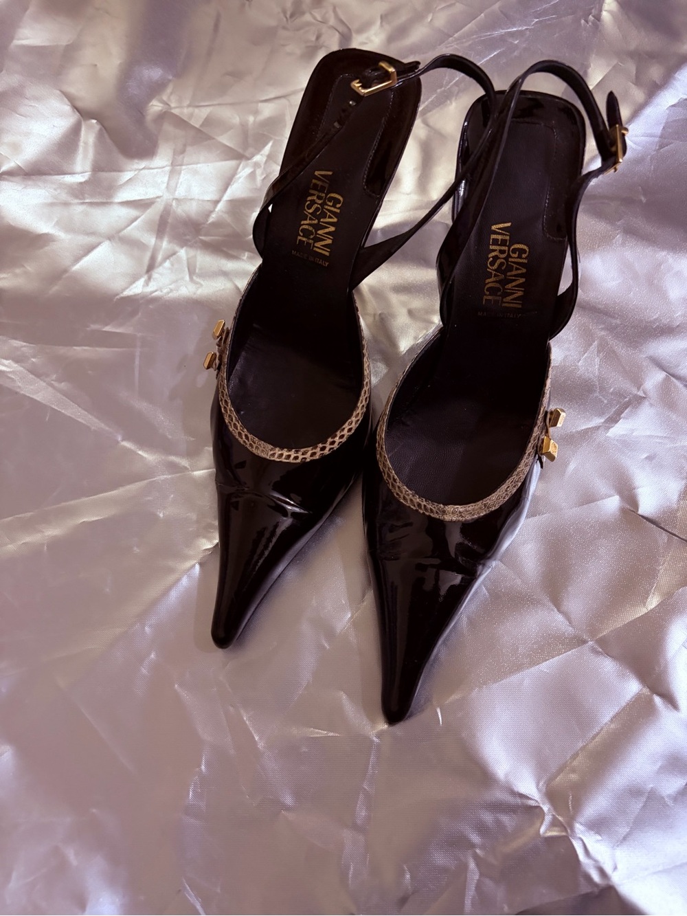 Versace Black Patent Pointed Slingback Pumps with Gold Accent - Picture 1 of 11
